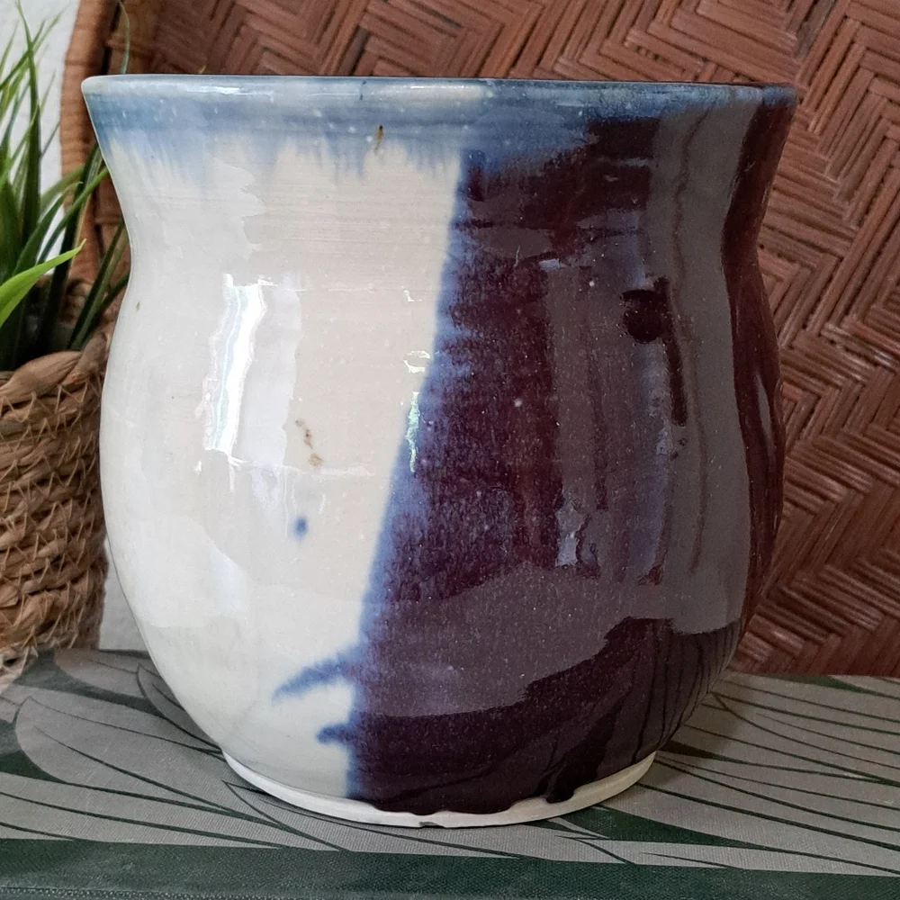 Student Studio Art Pottery Vase w/Face Signed by Artist DMG Purple Drip Glaze